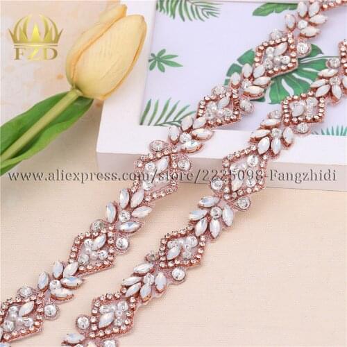 FZD 10 Yards Handmade Hot Fix Sew On Beaded Stones and Crystal Rose Gold Bridal Applique for Wedding Sash Headbands Belt
