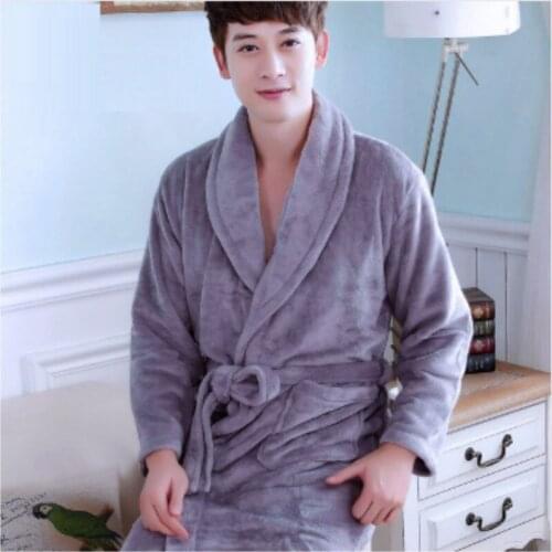 Mens Robe Flannel Bathrobe Adult Autumn Winter Coral Fleece Homewear Male Long Sleeved Gray Pajamas Mens Warm Homewear B-5948