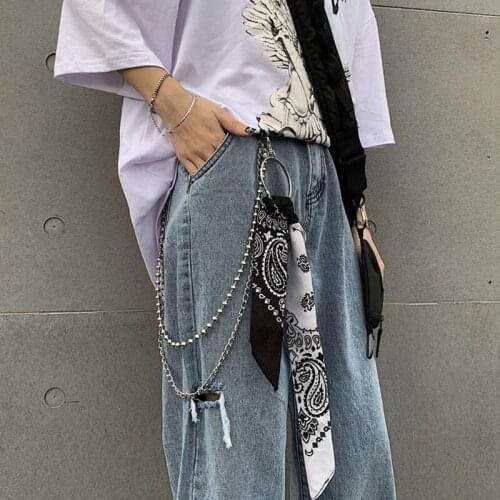 Hip Hop Paisley Biker Bandana with Double Layer Waist Metal Wallet Chain Contrast Color Headscarf Keychain Pants Belt