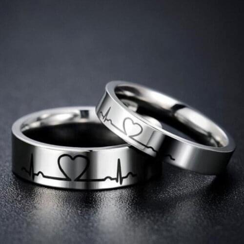 Heartbeat ECG Couple Ring Titanium Steel Engagement Ring He and her Commitment Love Token Best Gift