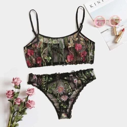 Womens Underwear Set Sexy Embroidered Bra and Panty set Push up Bralette Floral Lingerie Set Sexy Transparent Underwear