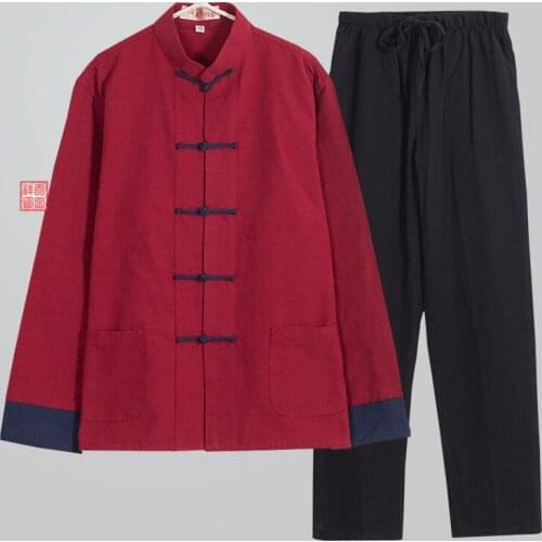 Chinese style Tang suit young mens Hanfu long shirt Chinese style vertical collar buckle suit leisure national Taiji training