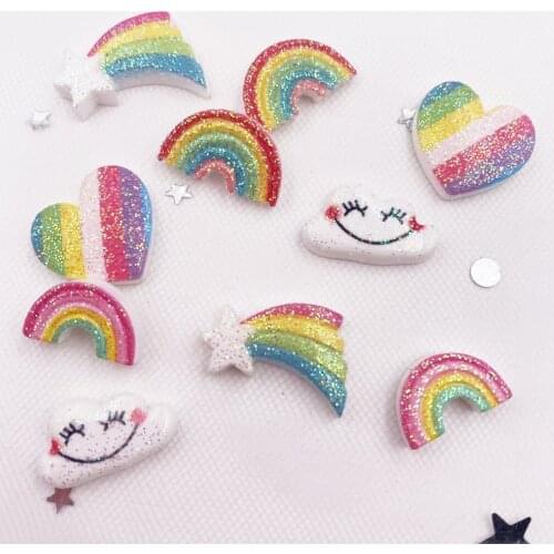 Colorful Glitter Rainbow White Clouds Heart Flatback Cabochon Stone Miniature Pattern Applique Ornament Craft DIY Scrapbook OH28