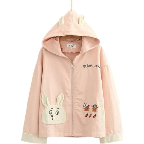 Pink Women Jacket Cartoon Rabbit Embroidery Zipper Hooded Jacket Sweet Style Girl Long Sleeve Harakuju Cute Coat Outerwear