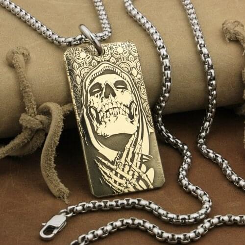 LINSION High Detail 2 sides Laser Deep Engraved Brass Praying Skull Pendant Biker Rock Punk Style 9X028B Steel Necklace 24"