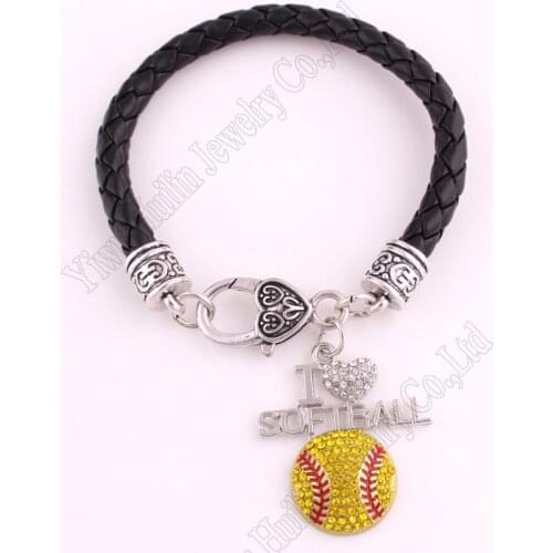 Fans Favorite Sports Jewelry Drop Shipping 1.2"*1.3" inches I Love Softball 2D Pendant leather Chain Lobster Claw Bracelets