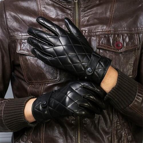Real Leather Gloves Male Autumn Winter Plus Velvet Thicken Classic Black Fashion Plaid Embroidery Sheepskin Mans Gloves DQ1911