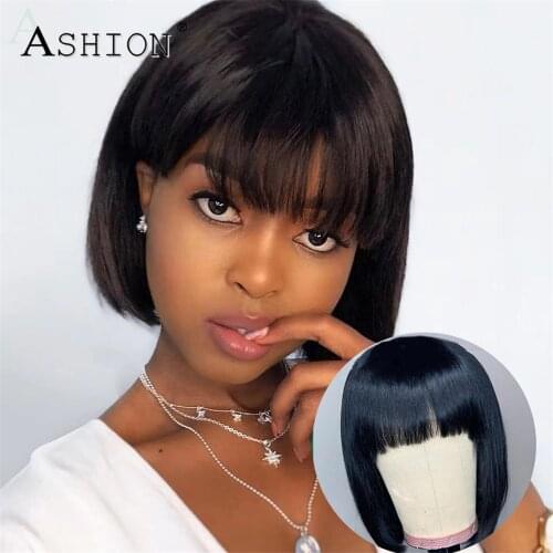 Straight Bob Human Hair Wigs with Bangs Full Machine Made Short Bob Glueless Wigs for Women Malaysian Remy Hair Black Color