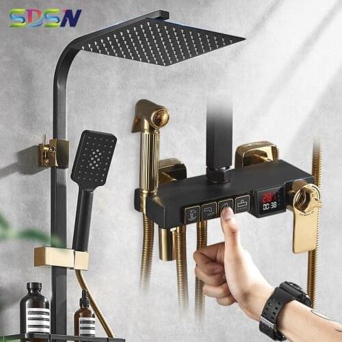 SDSN Thermostatic Shower Set with Temperature Display Digital Bathroom Shower System Rainfall Shower Head Black Gold Shower Tap