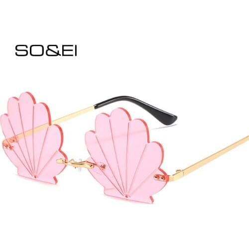 SO&EI Fashion Unique Flower Shape Rimless Women Sunglasses Brand Designer Retro Shell Grain Clear Ocean Lens Female Sun Glasses