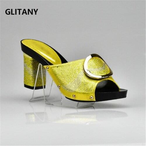 Yellow Color African Wedding Shoes Open Toe Ladies Sandals Shoes Party Wedding Shoes Decorated with Rhinestone Nigerian Shoes