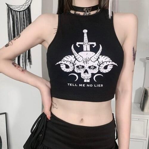 Harajuku Gothic Vintage Grunge Print Tank Top Bodycon O -Neck Sleeveless Cropped Tops Streetwear Punk Women Summer Basic Tops