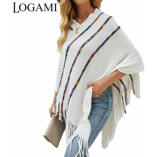 LOGAMI Colorful Striped Fringed Cloak Knitted Sweater Women Autumn Ponchos and Capes Coat