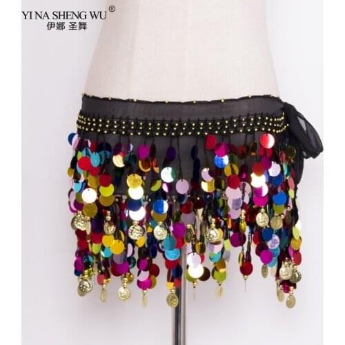 Women Belly Dance Costume Hip Scarf Wrap Sequins Belt Belly Dancer Accessories Belt Colorful Sequins Chiffon Belt 10 Colors New