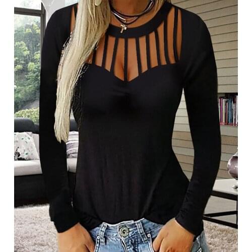 Women fashion hollow crew neck long sleeve tight t-Shirts 2019 new autumn ladies casual solid sexy t-shirts