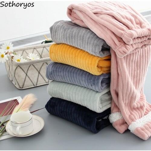 Women Sleep Bottoms Winter Warm Solid Simple Plus Velvet Flannel Home Wear Female Soft Cute All-match Elastic Waist with Pockets
