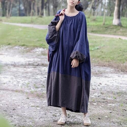 Johnature Women Vintage Cotton Linen Dresses Patchwork Color O-Neck Bat Sleeve Women Clothes 2021 Spring New Dresses