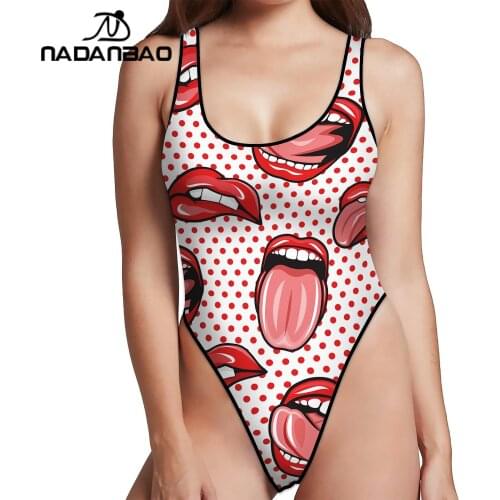 NADANBAO Women Sleeveless One-Piece Swimsuit Sexy Elastic Tight Swimwear Summer Swimming Sport Wear Lip Print Beach Bathing Suit