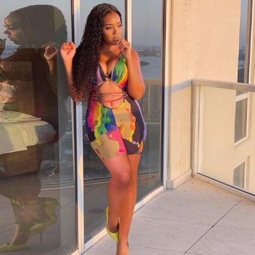 2021 Best Quality Famous Brand Playsuits Print Hollow Out V-neck Short Sleeve Summer Beach Bodycon Rompers