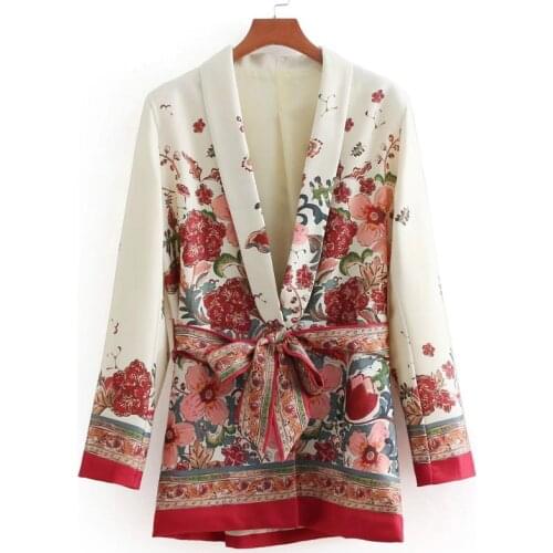 Vintage Flowers Printed Blazer Casual Notched Collar Slim Jacket Floral Kimono Woman Suits Deep V-Neck Cardigan with Belt