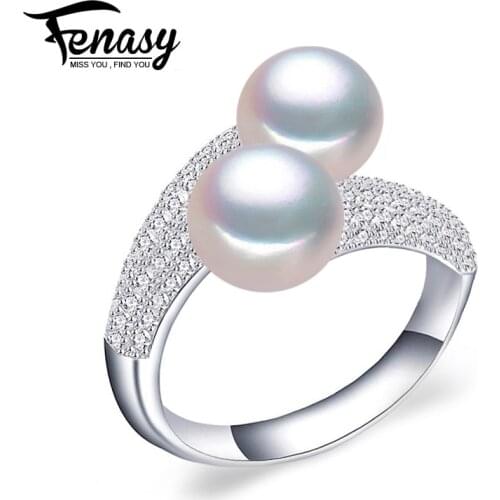 FENASY Pearl Jewelry Natural Freshwater Double Pearl rings Wedding Engagement 925 Sterling Silver Rings For Women Cocktail Ring