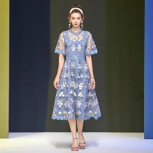 Seifrmann Summer Women Fashion Runway A-line Dress Half Sleeve Gorgeous Embroidery Lace Ladies Party Midi Dresses vestidos 2021