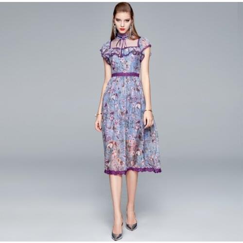 Banulin Fashion Runway Summer Flower Dress Women Short Sleeve Gorgeous Mesh Floral Embroidered Ruffles Elegant Party Vestido