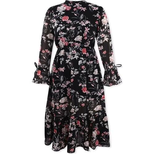 Spring Floral Print Long Sleeve Dress Womens Clothing O-Neck Flare Sleeve Chiffon Midi Dresses Vestidos Bohemian Casual Robe