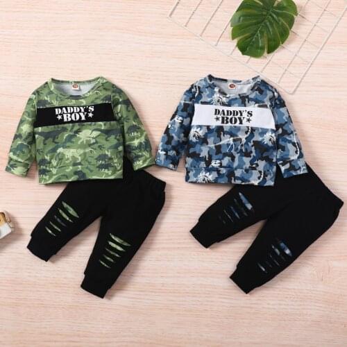 Baby Boys Clothes Set Dinosaur Letter Print O-Neck Long Sleeve Pullover + Ripped Trousers Spring Autumn 2Pcs Casual Outfits