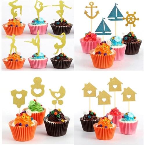 24 Pcs/set Glitter Gold Baby Feeding Bottle Clothes Sailboat Paper Cake Toppers Picks Baby Shower Birthday Party Cake Decors