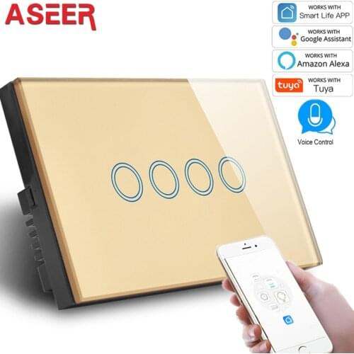 ASEER US Standard 4 Gang WIFI 2.4GHz Control Touch Switch,Gold Crystal Glass AC 110-240V,Support Alexa & Google Assistant Switch