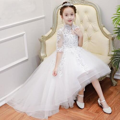 White Kids Girls Princess Birthday Tulle Dresses lace Appliques Girl beading Long Wedding Gowns Trailing Dress Children Clothing