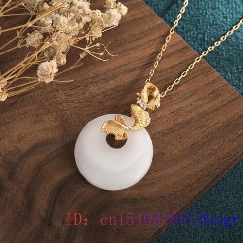 White Jade Doughnut Pendant Charm Crystal Gifts Jewelry Women Necklace Zircon Amulet Natural Gemstone 925 Silver Carp Fashion