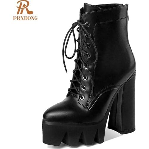 2021 High Heeled Thick Platform Punk Gothic Ladies Boots Genuine Leather Women Ankle Boots Lace Up Zipper Motorcycle Winter New