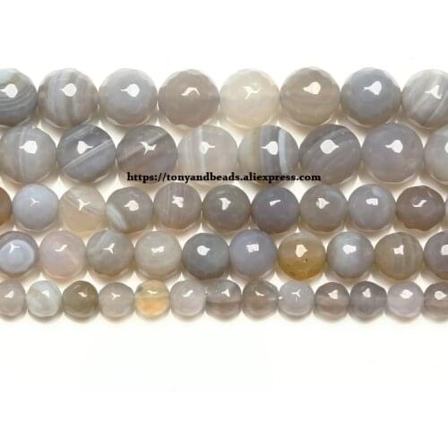 15" Strand Natural Stone Faceted Grey Stripes Agates Round Beads 4 6 8 10 12MM Pick Size For Jewelry