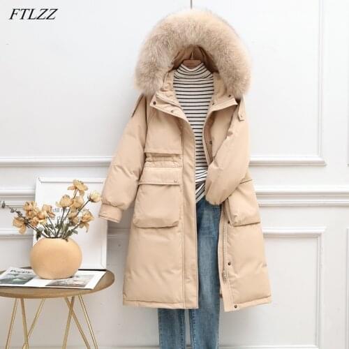FTLZZ Winter Women Down Long Jacket Large Natural Fur Collar Hooded Coat 90% White Duck Down Parkes Thickn Snow Warm Outwear