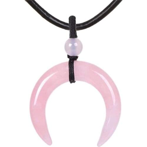 FYJS Unique Handmade Weave Crescent Moon Labradorite Stone Pendant Rope Chain Necklace Rose Pink Quartz Jewelry