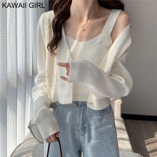Korean Cardigan Sweater Coat Female Sexy Sling Top Two Piece Set 2021 Autumn New Thin Crop Sweater Knitted Cardigan Jacket Women