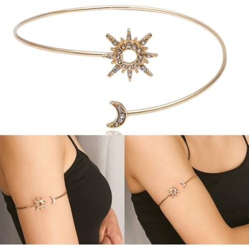 Minimalist Crystal Moon Sun Cuff Bangles For Women Sexy Rhinestone Geometric Metal Hand Arm Bracelet Adjustable Jewelry For Lady
