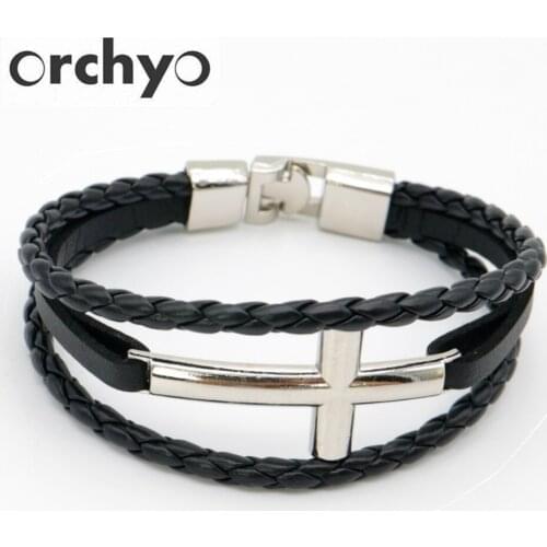 Layered Braided Faux Leather Cross Bracelets For Men Black Rope Chain Cuff Bangles Best Gifts Christian Jewelry Wholesale