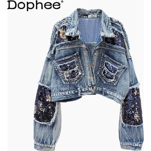 European Style Fashion Denim Jacket 2021 Spring and Autumn New Sequined Patch Jeans Coat Batwing Sleeve Short Loose Womens Coat