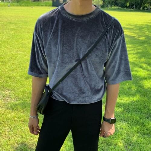 Gold Velvet T Shirt Mens Fashion Solid Color Casual O-neck T-shirt Men Streetwear Loose Korean Short-sleeved Tshirt Mens Tops