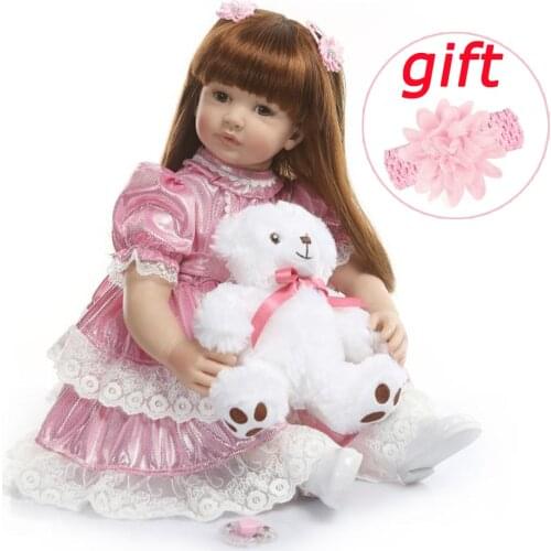 60cm Soft Silicone Reborn Baby Doll Toy wear Pink hair band princess Baby-Reborn Newborn girl Doll Kids Birthday bebe Gift toy