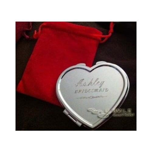 Personalized custom engraved Heart Shaped Compact Mirrors+FREE POUCHES Wedding Gift #18038