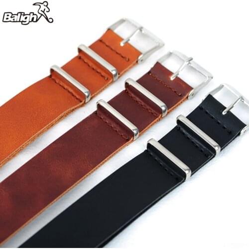 Newest Fashion Men Genuine Leather Military Watch Strap (3 Rings) Design Band Stainless Steel Buckle Watchband 18-22mm