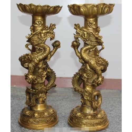 S02391 15" Chinese Dynasty Bronze Carving Dragon Candle Holder Candlestick Pair Statue