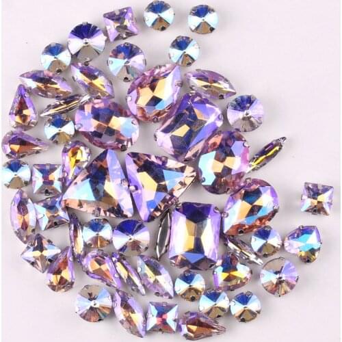 Silver claw setting 50pcs/bag 11 shapes mix Violet AB glass crystal sewing rhinestone wedding dress shoes bags diy trim