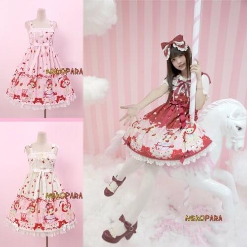 Strawberry Hat Rabbit Doll Cute Womens Lolita Dress JSK Sleeveless Dress Lace Trim Bows Cute One Piece Pink Beige Red