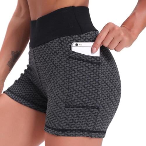 Yoga Fitness Shorts lady Pocket High Waist Sexy Hip-Lifting Sports Shorts hollow fabric solid color woman Tight Shorts
