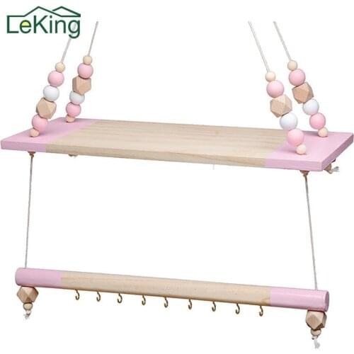 Nordic Display Wooden Hanging Shelf Swing Rope Floating Shelves Single Tier Jute Rope Wall Display Rack
